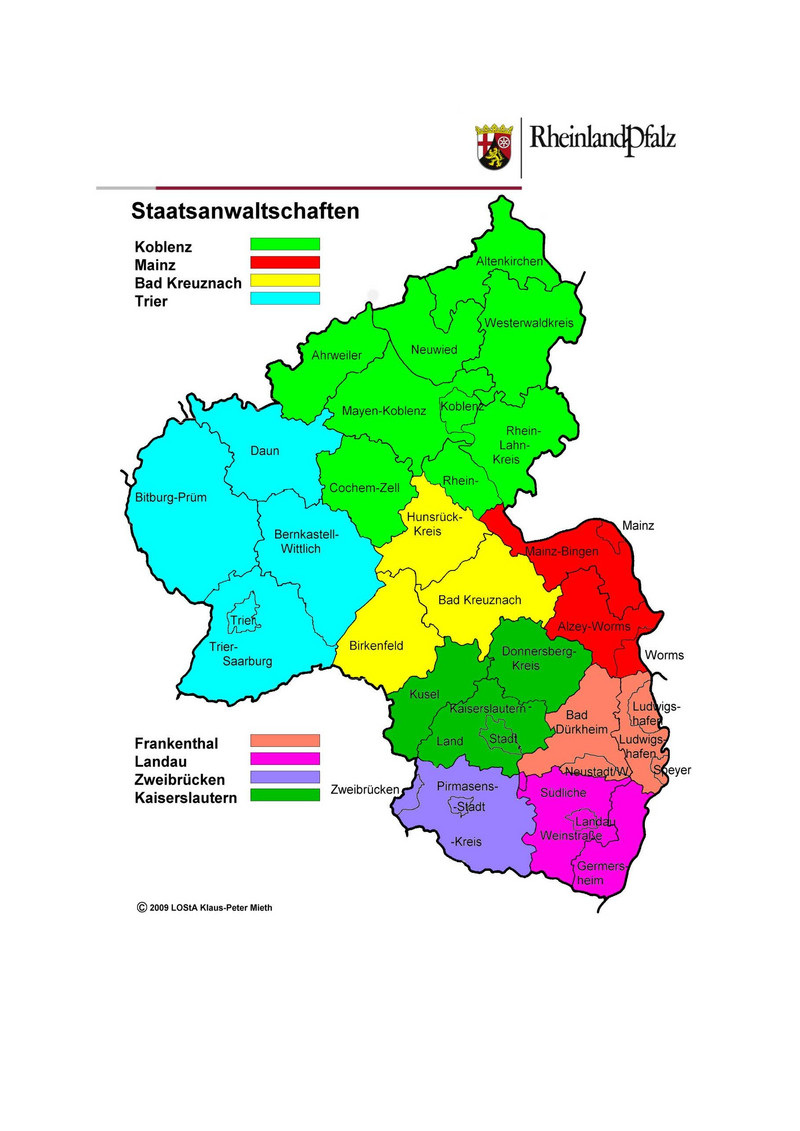 Karte von Rheinland-Pfalz mit Abgrenzung der Zuständigkeit der einzelnen Staatsanwaltschaften